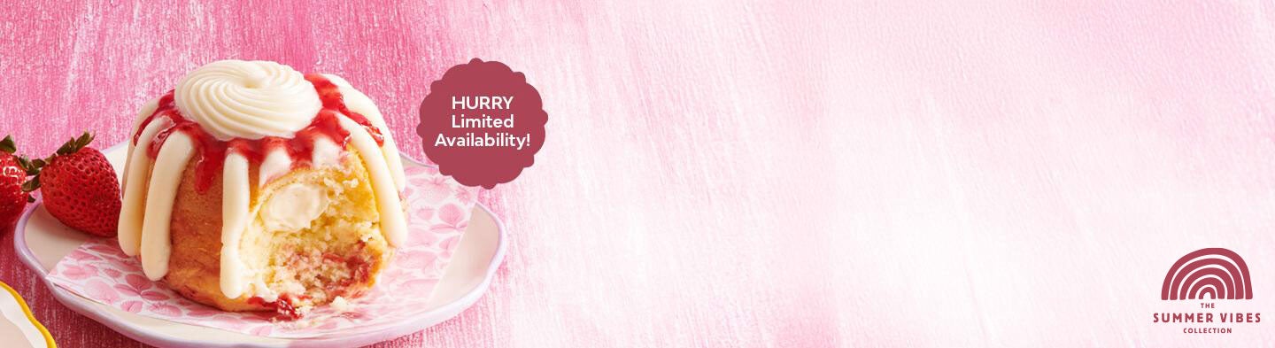 Pop-Up Flavor - Strawberry Cheesecake Swirl Bundt cake on table -- Limited Time