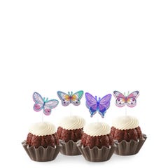 Bundtinis® topped with frosting and decorated with purple, green, pink sparkled butterflies.