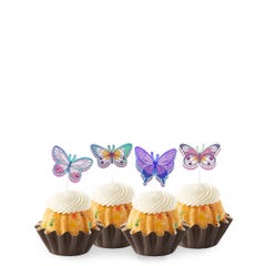 Bundtinis® topped with frosting and decorated with purple, green, pink sparkled butterflies.