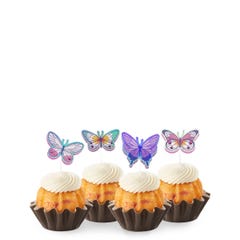 Limited time flavor lemon raspberry Bundtinis® topped with frosting and decorated with purple, green, pink sparkled butterflies.