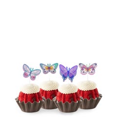 New!  Bundtinis® topped with frosting and decorated with purple, green, pink sparkled butterflies.