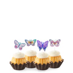 Bundtinis® topped with frosting and decorated with purple, green, pink sparkled butterflies.