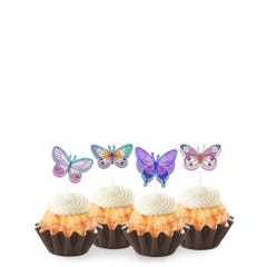 Bundtinis® topped with frosting and decorated with purple, green, pink sparkled butterflies.