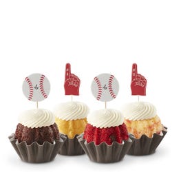 Mini bundt cakes topped with frosting with baseball and #1 foam finger toppers.