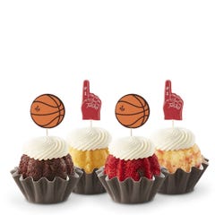 Mini bundt cakes topped with frosting in assorted flavors with a basketball topper and a #1 foam finger.