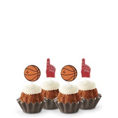 Mini bundt cakes topped with frosting in assorted flavors with a basketball topper and a #1 foam finger.