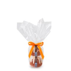 Two personal-size Carrot bundt cakes stacked vertically, packaged in a plastic container and gift-wrapped in cellophane. 