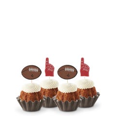 Mini bundt cakes topped with frosting in assorted flavors with a football topper and a #1 foam finger.