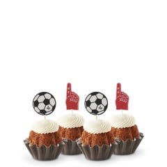 Mini bundt cakes in Carrot flavor topped with frosting in assorted flavors with a soccer ball topper and a #1 foam finger.