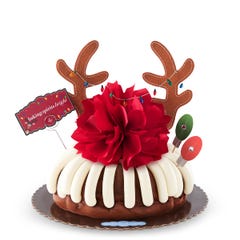 Last Chance! Holiday bundt cake decorated with reindeer antlers with Christmas lights running across the antlers. There are also two christmas lights with leds that light up. A card reads baking spirits bright.