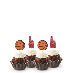 Mini bundt cakes topped with frosting in assorted flavors with a basketball topper and a #1 foam finger.