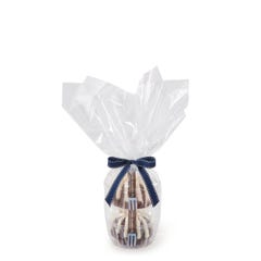 Two personal-size Chocolate Chocolate Chip bundt cakes stacked vertically, packaged in a plastic container and gift-wrapped in cellophane. 