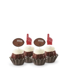 Mini bundt cakes topped with frosting in Chocolate Chocolate Chip with a football topper and a #1 foam finger.