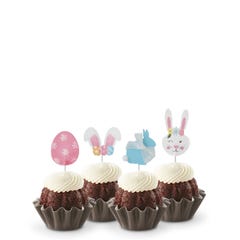 Easter-themed Chocolate Chocolate Chip mini Bundt cakes with festive bunny and egg toppers, showcasing a variety of flavors and designs.
