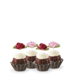 Cupcake sized bundt cakes in Chocolate Chocolate Chip flavor with a pink and red rose toppers