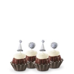 Chocolate Chocolate Chip mini Bundt cakes (Bundtinis®) each topped with creamy white frosting and adorned with silver party hats and matching silver pom-poms.