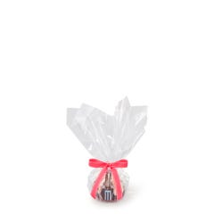 Personal size Chocolate Chocolate Chip bundt cake, packaged in a plastic container and gift-wrapped in cellophane. 