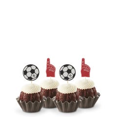 Mini bundt cakes in Chocolate Chocolate Chip flavor topped with frosting in assorted flavors with a soccer ball topper and a #1 foam finger.