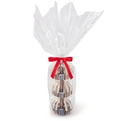 Three personal-size Chocolate Chocolate Chip bundt cakes stacked vertically, packaged in a plastic container and gift-wrapped in cellophane. 