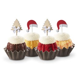 Each Bundtini® is adorned with a festive topper: two feature silver Christmas tree decorations and the other two have red Santa hats.