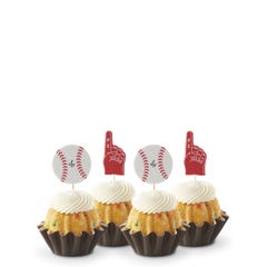 Confetti flavored mini bundt cakes topped with frosting with baseball and #1 foam finger toppers.