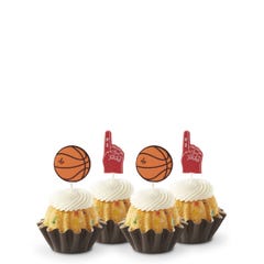 Mini bundt cakes topped with frosting in assorted flavors with a basketball topper and a #1 foam finger.