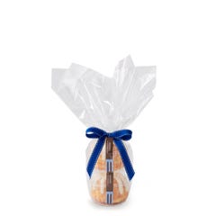 Two personal-size Confetti bundt cakes stacked vertically, packaged in a plastic container and gift-wrapped in cellophane. 