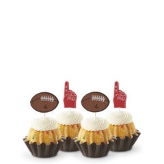 Mini bundt cakes topped with frosting in assorted flavors with a football topper and a #1 foam finger.