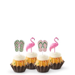Mini bundt cakes decorated with a topper: from left to right, there's a pair of green tropical flip-flops, a pink flamingo, another pair of pink flip-flops with green straps, and another pink flamingo.