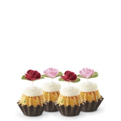 Cupcake sized bundt cakes in Confetti flavor with a pink and red rose toppers