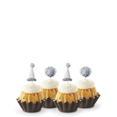 Confetti mini Bundt cakes (Bundtinis®) each topped with creamy white frosting and adorned with silver party hats and matching silver pom-poms.