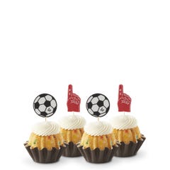 Mini bundt cakes in confetti flavor topped with frosting in assorted flavors with a soccer ball topper and a #1 foam finger.
