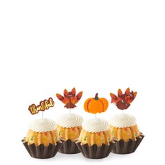 New! Confetti Thankful Turkey Bundtinis® topped with frosting and decorated with pumpkin and turkey toppers as well as a topper with Thankful written in cursive. 