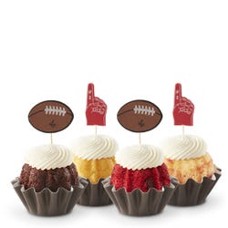 Mini bundt cakes topped with frosting in assorted flavors with a football topper and a #1 foam finger.