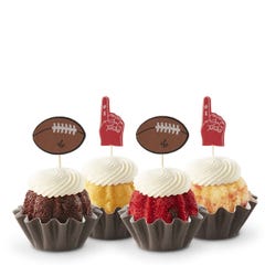 Mini bundt cakes topped with frosting in assorted flavors with a football topper and a #1 foam finger.