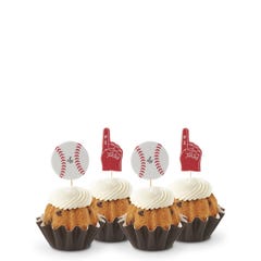 Gluten-Free Chocolate Chip Cookie flavored mini bundt cakes topped with frosting with baseball and #1 foam finger toppers.