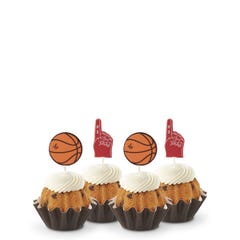 Gluten-Free Chocolate Chip Cookie flavored bundtinis  topped with frosting in assorted flavors with a basketball topper and a #1 foam finger.
