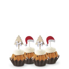 Each Gluten Free Chocolate Chip Cookie Bundtini® is adorned with a festive topper: two feature silver Christmas tree decorations and the other two have red Santa hats.