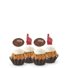 Bundtinis topped with frosting in assorted flavors with a football topper and a #1 foam finger.