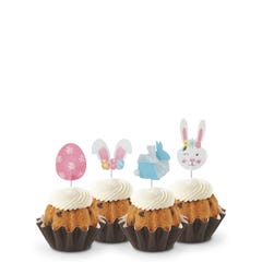 Easter-themed Gluten-Free Chocolate Chip Cookie mini Bundt cakes with festive bunny and egg toppers, showcasing a variety of flavors and designs.