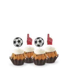 Mini bundt cakes in Gluten-Free Chocolate Chip Cookie flavor topped with frosting in assorted flavors with a soccer ball topper and a #1 foam finger.