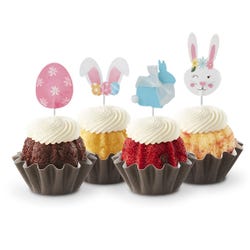 Easter-themed mini Bundt cakes with festive bunny and egg toppers, showcasing a variety of flavors and designs.