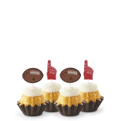Mini bundt cakes topped with frosting in Lemon with a football topper and a #1 foam finger.