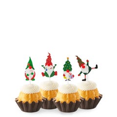 Lemon mini bundt cakes topped with four Christmas-themed gnome decorations: one in green with a mistletoe, one in red with a tree, one in stripes with a gift, and one in red and white.