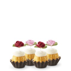 Cupcake sized bundt cakes in Lemon flavor with a pink and red rose toppers