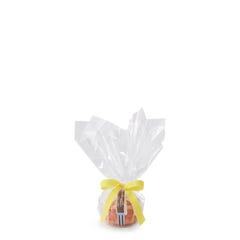 Personal size Lemon bundt cake, packaged in a plastic container and gift-wrapped in cellophane. 