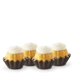 Lemon flavored mini bundt cakes topped with a cream cheese frosting swirl.