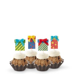 Oreo Cookies & Cream Bundtinis with multi-color wrapped birthday present toppers and fabric bow