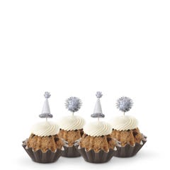 Oreo Cookies & Cream Bundtinis with silver pom poms and white and silver party hats