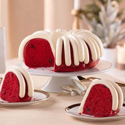 10-inch red velvet flavor bundt cake with signature frosting